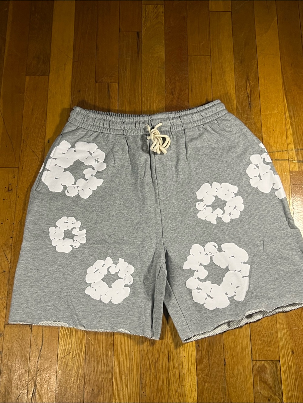 Men's Heather Grey Athletic Drawstring Shorts with White Floral Prints